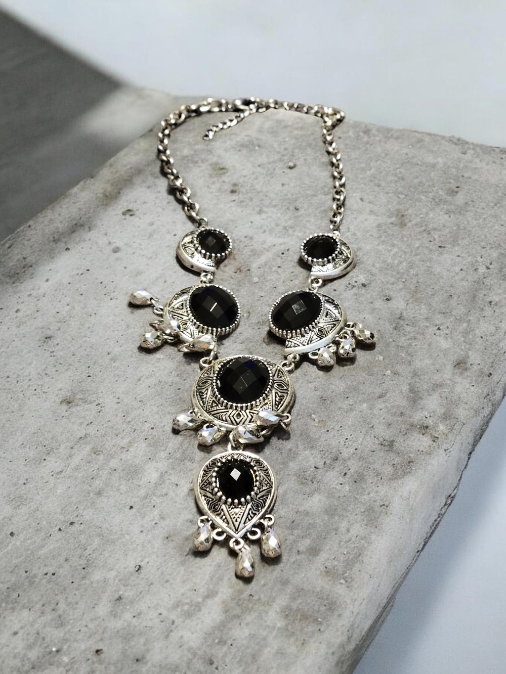 Silver-Tone Black Stone Statement Necklace